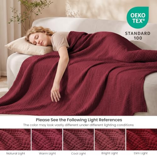 Love's cabin 100% Cotton Muslin Blanket Large Throw for Couch, Wine Red