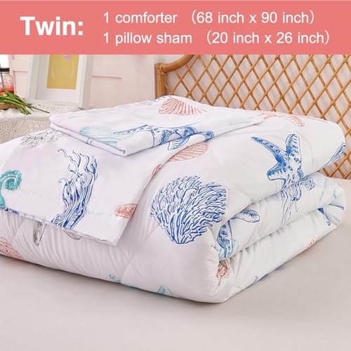 JSD Beach Theme Kids Comforter Set Twin Size, Jellyfish Starfish Shell Pattern