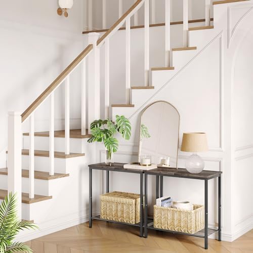 Hoctieon 2 Tier End Table, Sofa Side Table, Narrow Side Table with Storage, Slim Nightstand for Small Spaces, Metal Frame, for Living Room, Bedroom, Sofa Couch, Hall, Grey