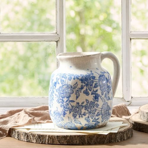 Ceramic Flower Vase, Vintage Utensil Holder, Blue and White Decorative Vase Chinoiserie Decor Rustic Farmhouse Retro Floral Vases for Table Bookshelf Mantel Kitchen Living Room Office - 6.7” Blue 016