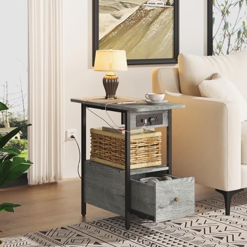 LIDYUK End Table with Charging Station, Narrow Side Table with Drawer