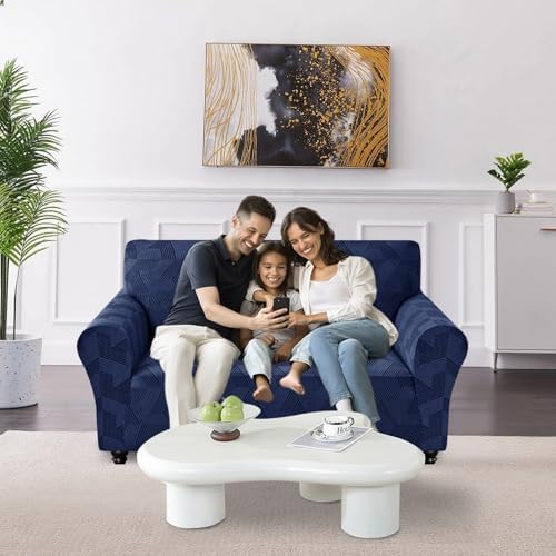 JIVINER 1 Piece Couch Cover for 2 Cushion Couch, High Stretch Loveseat Covers with Elastic Bottom, Washable Sofa Slipcovers for Dog, Pets Feature Geometrical Jacquard Fabric (Loveseat, Navy Blue)