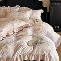 AOJIM Floral Print Duvet Cover Queen, 3-Piece Cotton Crinkle Double-Layer Gauze Vintage Ruffled Bedding Set with Allover Floral Print & Lace Edging - Soft Comforter Cover with Zipper & 2 Pillowcases
