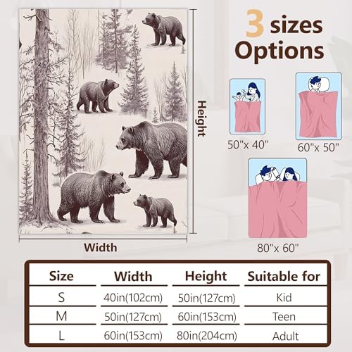 Forest Bears Fall Throw Blanket,Vintage Animal Cozy Plush Fluffy Blanket for Living Room Decor,Lightweight Fleece Throws for Couch,Bed,Traveling,Naps,Reading,60 X 80 Inch