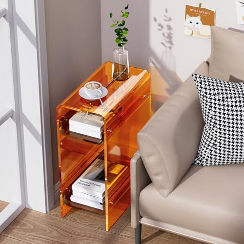 Clear Acrylic Side Table, Narrow Nightstand Bedside Table for Bedroom, Skinny Small End Table (Orange, 11.8'' x 15.7'' x 21.7")
