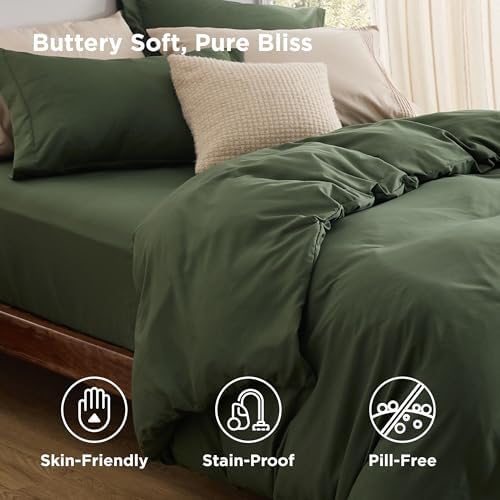 Bedsure Queen Duvet Cover with Fitted Sheet, Double Brushed Bedding, Green