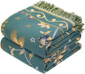 VANJOROY Boho 100% Cotton Large Throw Blanket - All Season Rustic Ultra Soft Breathable Floral Bird Blanket for Bed Sofa Couch Chair Bedspread Quilt Gift, 80" x 90"-Teal/Beige