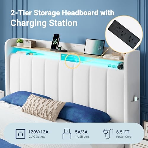 Allewie Full Size Bed Frame with 2-Tier Storage Headboard & 2 Large Drawers