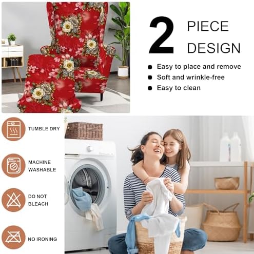 HAOYONG 2 Piece Wingback Chair Covers Stretch Wing Chair Slipcover Printed Wing Back Chair Covers with Arms Washable Spandex Fabric Armchair Cover Protection Furniture for Living Room and Bedroom