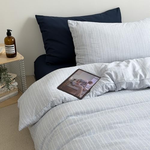 Vintage Blue Striped Duvrt Cover Full Size 3 Pieces Textured Bedding Set
