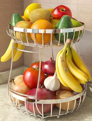 Sevenblue 2 Tier Fruit Bowl for Kitchen Counter with Banana Hangers, Silver