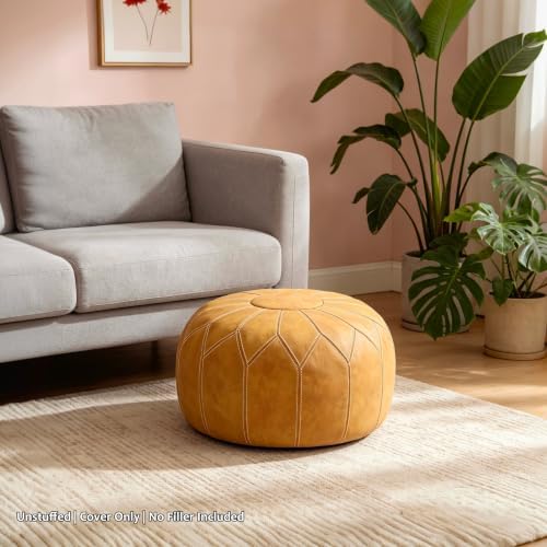 Thgonwid Round Unstuffed Pouf Cover, Faux Leather Storage Ottoman, Boho Moroccan Foot Stool, Multi-Purpose Home Decor for Living Room, Bedroom and Balcony, Yellow, No Filling Included