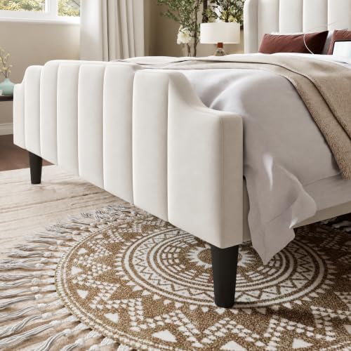 Allewie Vintage Queen Size Velvet Platform Bed Frame, White
