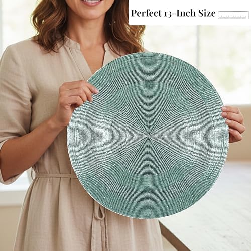 ALPHA Living HOME Beaded Placemats 13 Inch Aqua Round Glass Table Mats