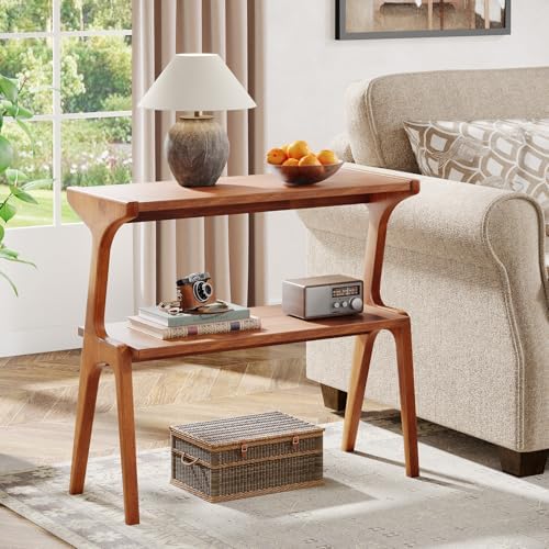 Tribesigns Solid Wood End Table, Modern Side Table for Couch, 2-Tier Narrow Tall End Table, Long Bedside Table for Living Room, Bedroom, Walnut