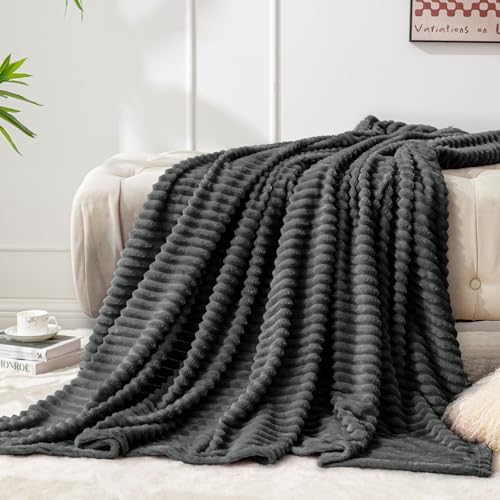 BEDELITE 3D Ribbed Charcoal Grey Fleece Throw Blanket for Couch, 50x60 Inch