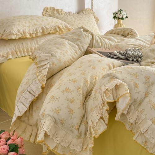 Girls Floral Duvet Cover Set Muslin Cotton Twin(68"x86"),Yellow Flower