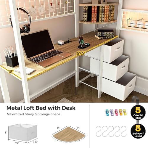 Loft Bed with Desk and Stairs, Headboard, Outlet (White, Full)