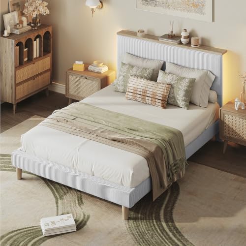 Full Bed Frame with Adjustable Headboard & LED, Upholstered, Light Grey