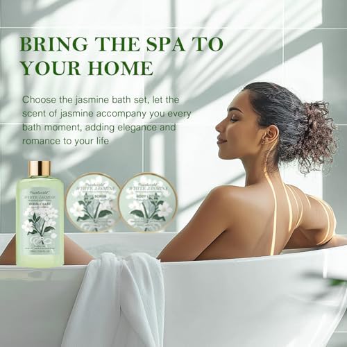 Bath Gift Baskets for Women, 9pc Jasmine Spa Gifts Set for Women, Self Care & Body Relaxing, Birthday Gift Basket, Mother's Day Gifts, Christmas, Anniversary Bath Gift Set