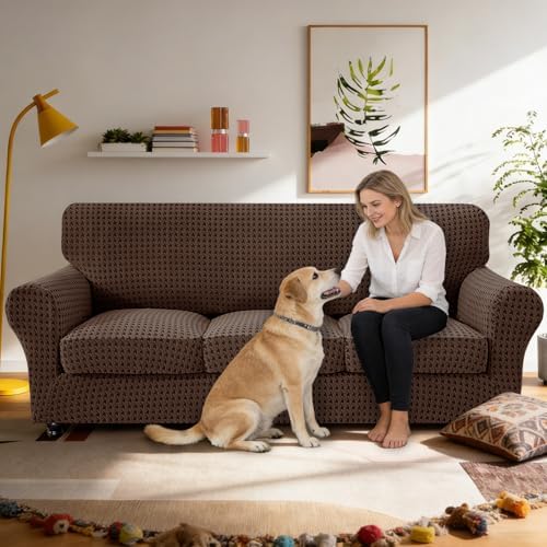 MAXIJIN 4 Pieces Stretch Oversized Couch Covers for 3 Cushion Sofa Covers Washable Sofa Slipcovers Thick Soft Furniture Protector with Non Slip Strap (Brown), 91"-110"(3 XL Cushions)