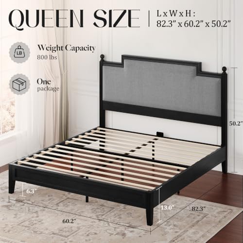 Queen Size Bed Frame with 50.2" Tall Upholstered Headboard, Black