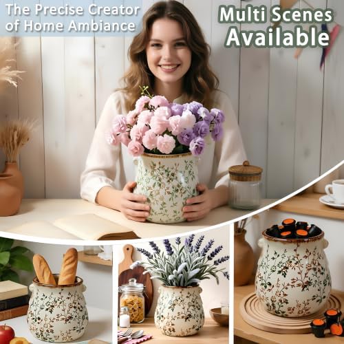 Rustic Ceramic Utensil Holder, Green Floral Farmhouse Counter Crock