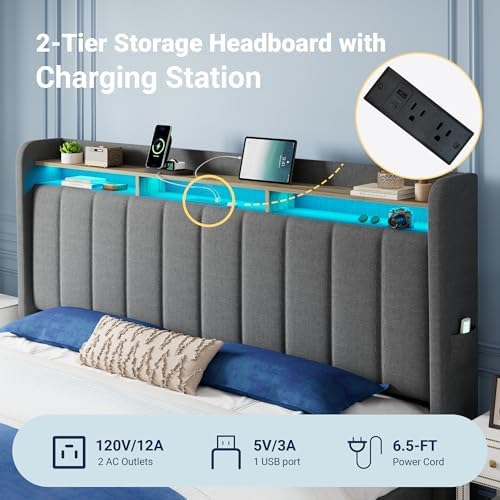 Allewie King Size Bed Frame with 2-Tier Storage Headboard & 2 Large Drawers