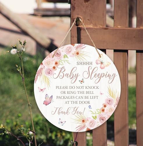 Shhh Baby Sleeping Hanging Sign, FLoral Wooden Round Door Hanger For Baby Room Front Door Nursery Kids Bedroom, Please Do Not Knock Or Ring Doorbell Sign For Outdoor Porch -04