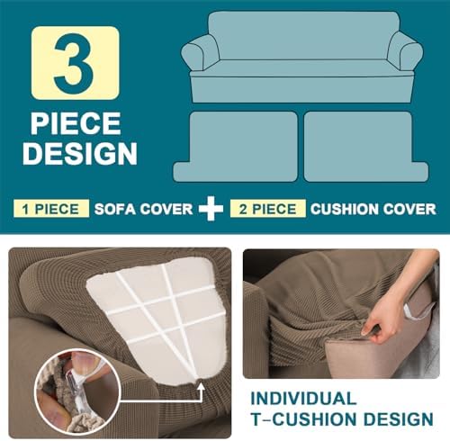 Turquoize 3 Piece T Cushion Loveseat Slipcovers Sofa Cover for 2 Cushion Couch Cover Washable Sofa Slipcover Furniture Covers with 2 Individual T Cushion Seat Covers (2 Cushion Loveseat, Macchiato)