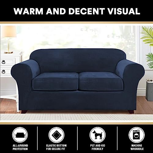 PrinceDeco Velvet Couch Cover Loveseat Covers for 2 Cushion Couch 3 Piece Sofa Covers for Dogs Washable Loveseat Covers Width Up to 72 Inch No Slip Stretch Sofa Slipcover(Medium, Navy)