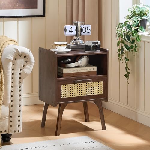 Lerliuo Rattan Nightstands Set of 2, Bedside Table with Drawer Open Shelf