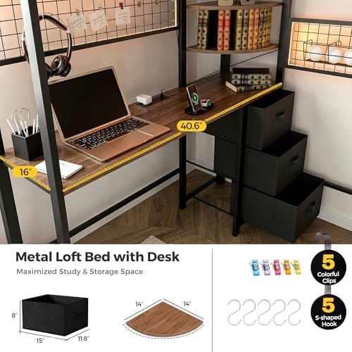 Twin Loft Bed with Desk, Stair, Headboard and Storage (Black)