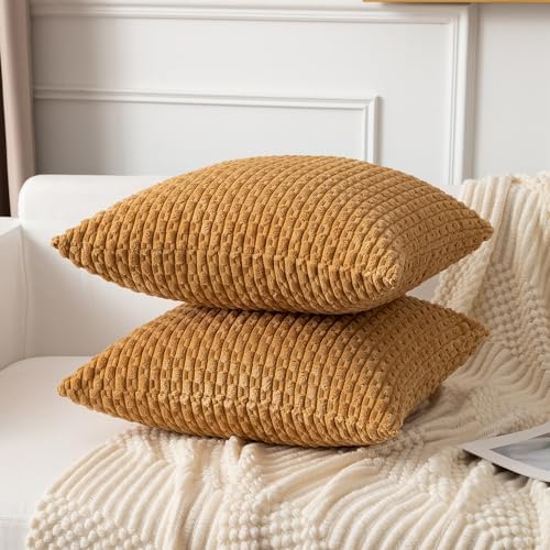 Kevin Textile Soft Corduroy 24x24 Inch Pillow Covers 2 Pack, Gold