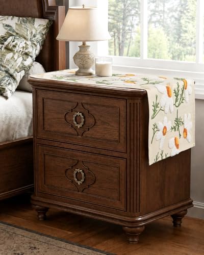 Canvas Embroidered Narrow 13"x 48" Table Runner, Beige Daisy