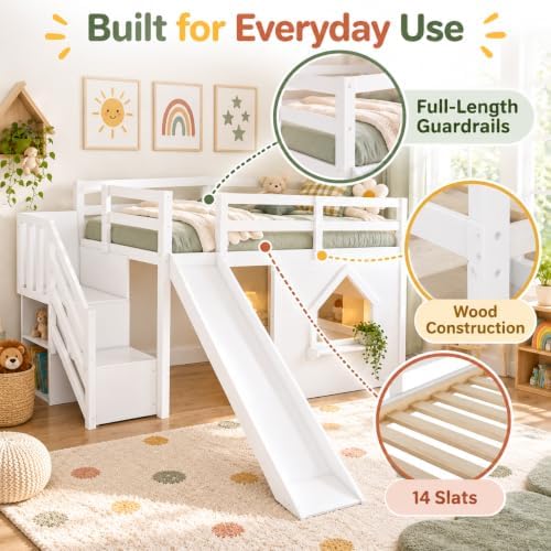 Twin Loft Bed with Slide for Kids, LED Lights & Storage, White
