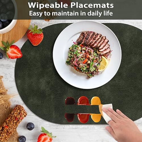 ADRIMER Oval Placemats Set of 6, Wipeable Faux Leather, Olive Green