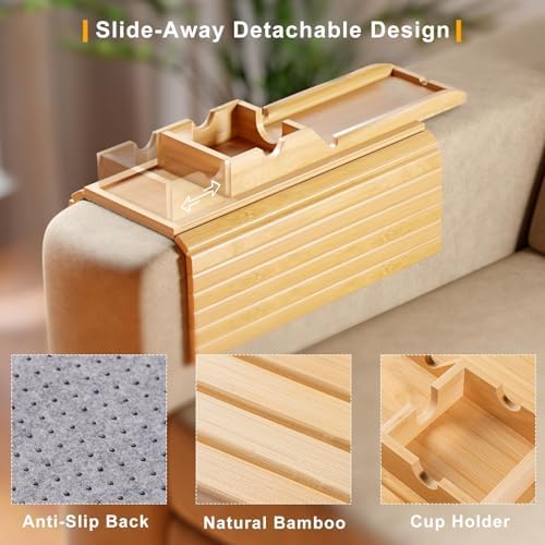 Bestjing Bamboo Couch Armrest Table with Detachable Cup Holder Tray