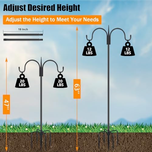 FEED GARDEN Small Shepherds Hook 63" Double Hooks Adjustable (47/63") - Alloy Steel 5-Prong Base, 12lb Capacity -Bird Feeder Pole for Hanging Planters, Lanterns, Wind Chimes