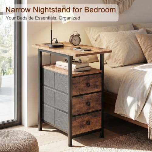 LOAKEKEL Narrow Side Table, Small End Table with Charging Station