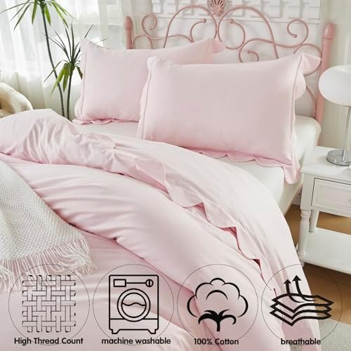 Brandream Kid's Organic Scallop Duvet Cover Set Twin/Twin XL Pink Girls Bedding Size Soft Breathable Luxury Bed Set for Dorm Room Grandmillennial Cottagecore Coquette Hotel Style Bedroom