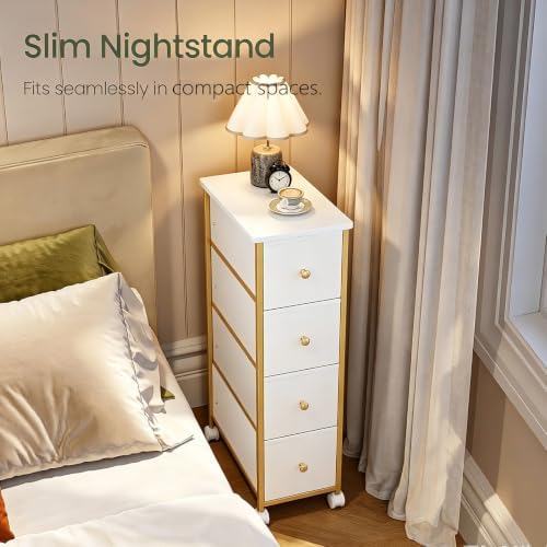 Narrow Side Table with 4 Fabric Drawer, Slim BedsideTable for Bedroom