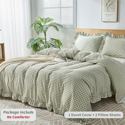 Gingham Duvet Cover Full Size, 3 Pieces Soft Breathable Microfiber Plaid Duvet Cover with Zipper Closure & 2 Pillow Shams, Ruffle Farmhouse Vintage Decor, Sage Green