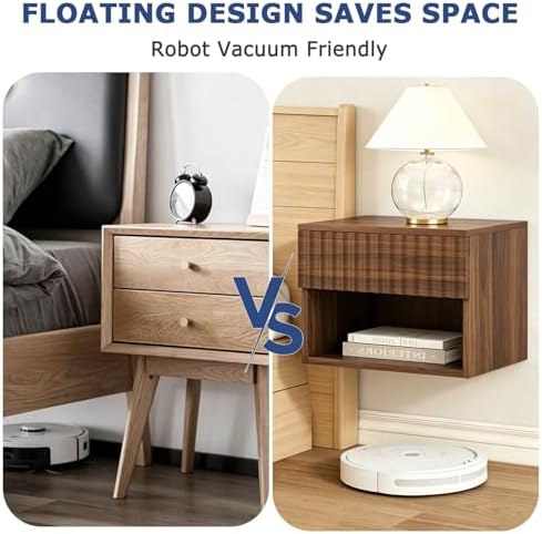 Floating Nightstand Set of 2, Wall Mounted Cabinet with Storage Drawer, Bedroom Bedside Table with LED Light, Modern Night Stand for Dorm Hallway Entryway, Walnut