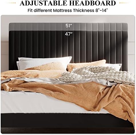 SHA CERLIN Queen Upholstered Platform Bed Frame with Adjustable Headboard/Vertical Channel Tufted Velvet Fabric/Wooden Slats Support/Mattress Foundation/Box Spring Optional/Black