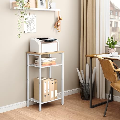 Hoctieon 2-Set 3 Tier End Table, Telephone Table Set of 2, Tall Side Table with Storage Set of 2, Small Nightstand for Small Spaces, Metal Frame, White and Yellow Oak