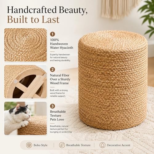 14inch Natural Water Hyacinth Round Pouf Ottomans Wood Frame Rattan Stool