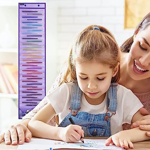 Hanging Pencil Holder Classroom Pencil Parking Pocket Chart Numbered Pencil Dispenser Organizer as Back to School Essentials (1 Pack-Purple)