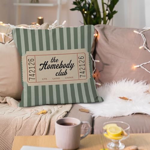 Trendy Retro the Homebody Club Throw Pillow Cover 18x18, Green Striped Cozy Aesthetic Decorative Pillow Covers for Home Bedroom Living Room Couch, Introvert Gifts Accent Pillows Cover Pillowcases