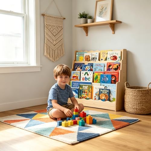 LINMAGCO Scalloped Kids Bookshelf, 3-Tier Montessori Toddler Bookcase, Front-Facing Book Organizer with Handle, Solid Pine Wood, Nursery Book Shelves for Bedroom Playroom Classroom & Reading Corner